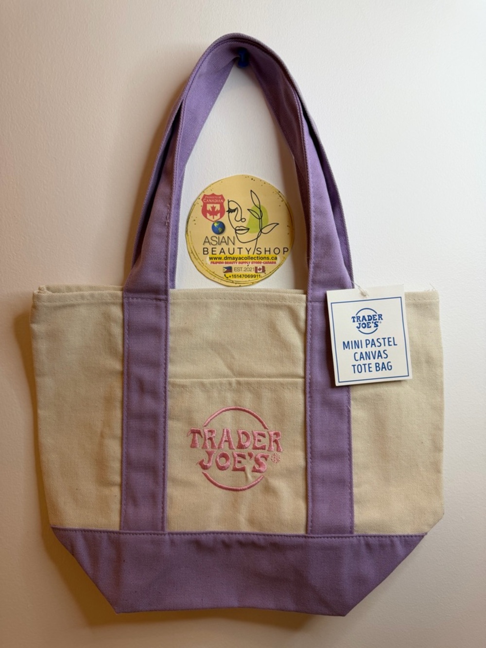 Trader Joe’s Mini Canvas Tote Bag in Lavender and Cream